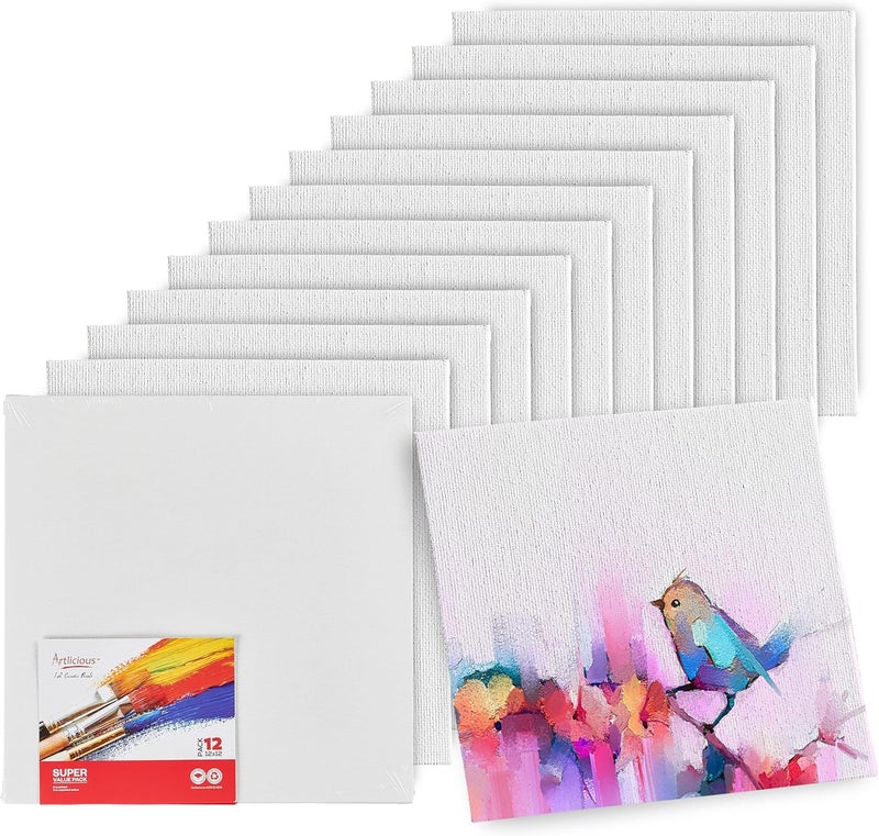 Artlicious Canvases for Painting - Pack of 12, 12 x 12 Inch Blank White Canvas Boards - 100% Cotton Art Panels for Oil, Acrylic & Watercolor Paint - Image 1