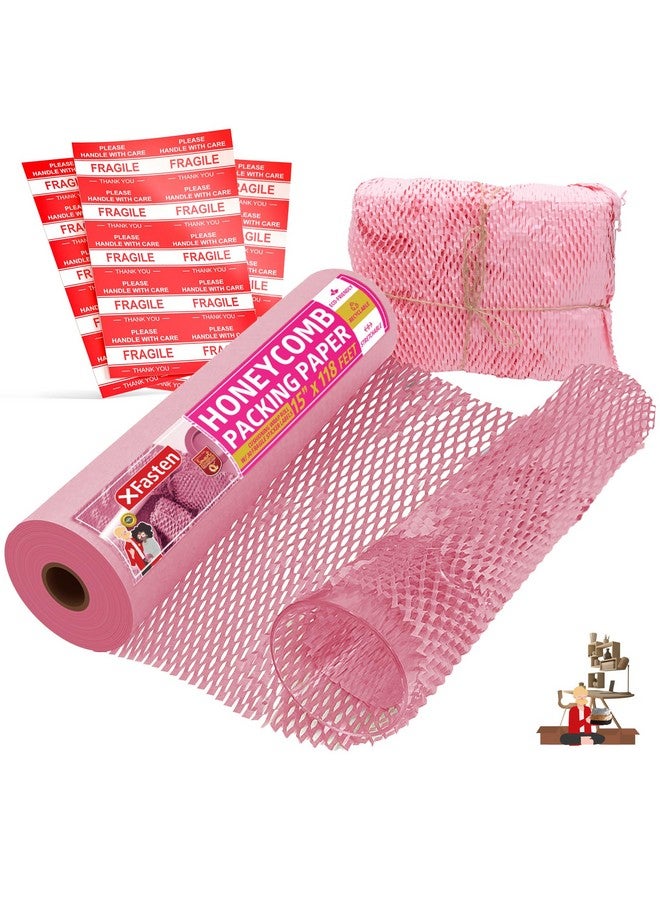 XFasten Pink Honeycomb Packing Paper For Moving 15Inch X 118Feet Bubble Honeycomb Wrap Honeycomb Wrapping Paper For Packing Cushion With 20 Fragile Stickers Packing Supplies By Xfasten - Image 1