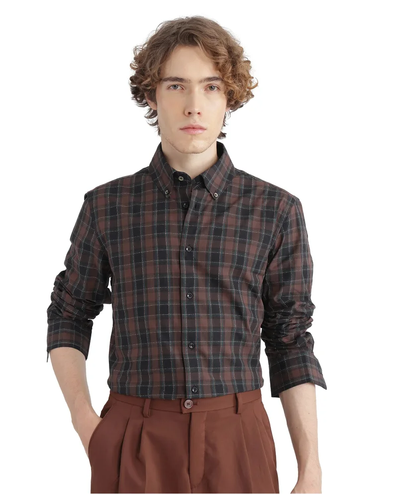 Rare Rabbit Rare Rabbit Men's Flor Dark Brown Cotton Fabric Full Sleeve Collared Neck Checks Shirt