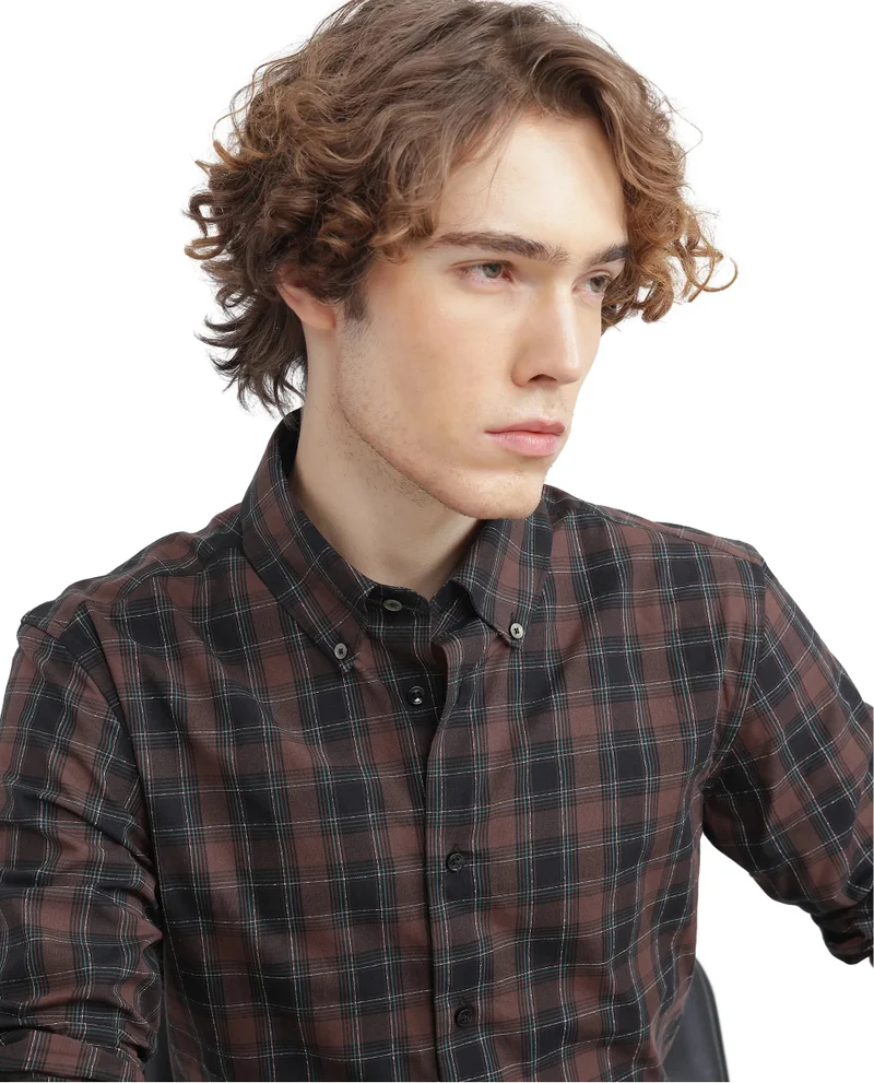 Rare Rabbit Rare Rabbit Men's Flor Dark Brown Cotton Fabric Full Sleeve Collared Neck Checks Shirt