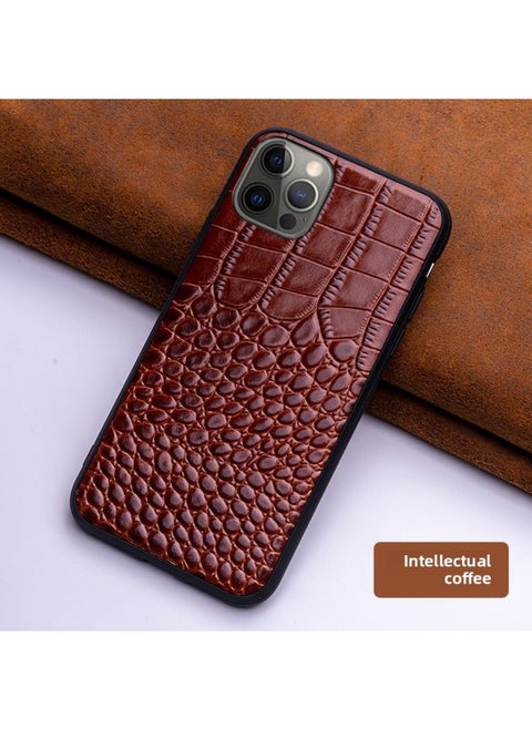 For Iphone 13Pro Genuine Leather Phone Case For Iphone 12 Up-and-Down Pattern XSMax678P Drop-Resistant Protective Leather Case-Color:Intellectual Coffee-Applicable Model:For AppleXS Max