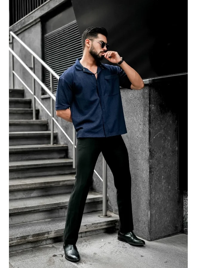 مانياك Mens Solid Textured 3/4th Sleeve Navy Cotton Oversized Fit Shirt
