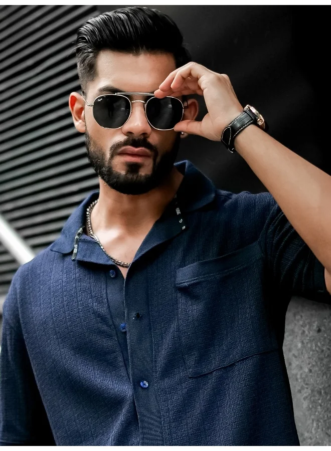 مانياك Mens Solid Textured 3/4th Sleeve Navy Cotton Oversized Fit Shirt