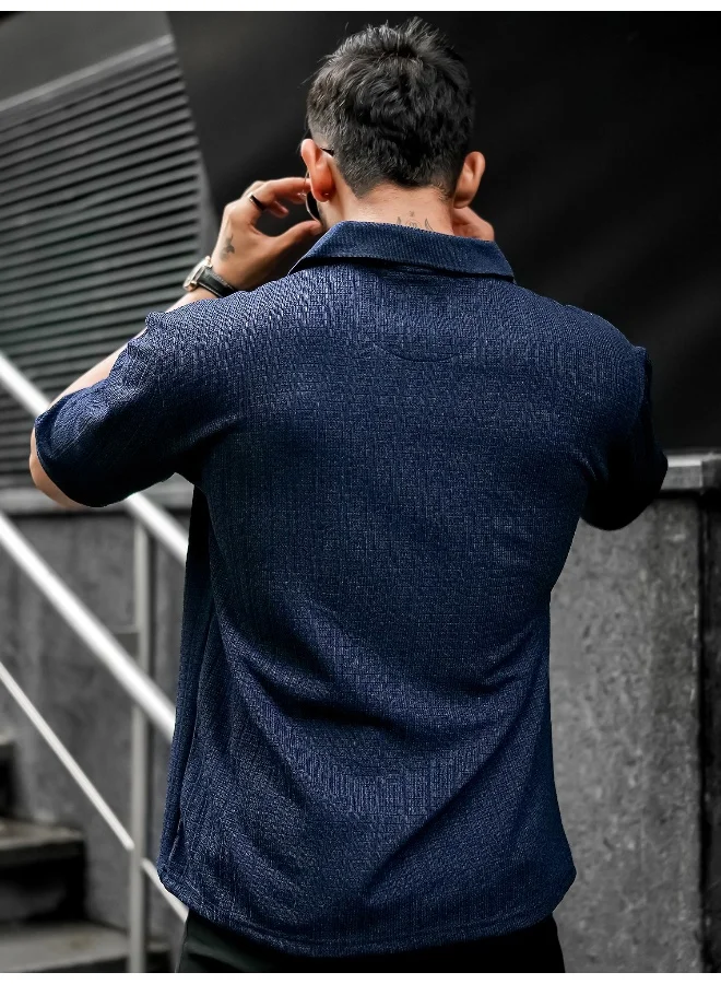 مانياك Mens Solid Textured 3/4th Sleeve Navy Cotton Oversized Fit Shirt