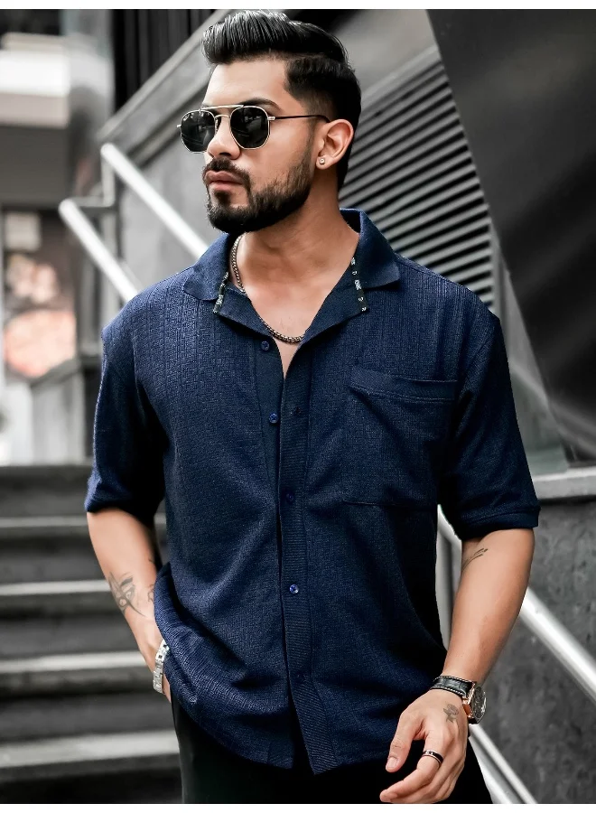 مانياك Mens Solid Textured 3/4th Sleeve Navy Cotton Oversized Fit Shirt