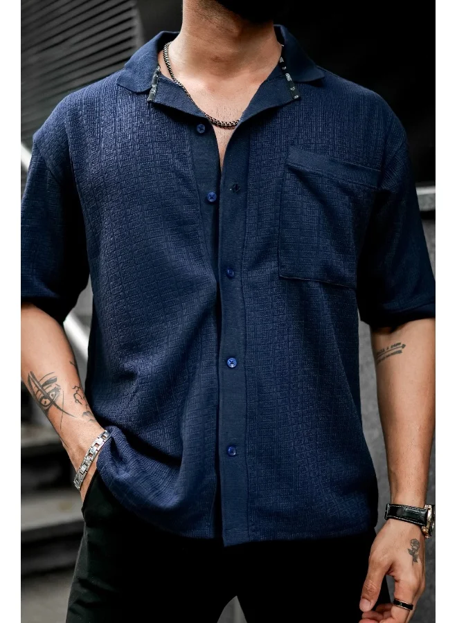 مانياك Mens Solid Textured 3/4th Sleeve Navy Cotton Oversized Fit Shirt