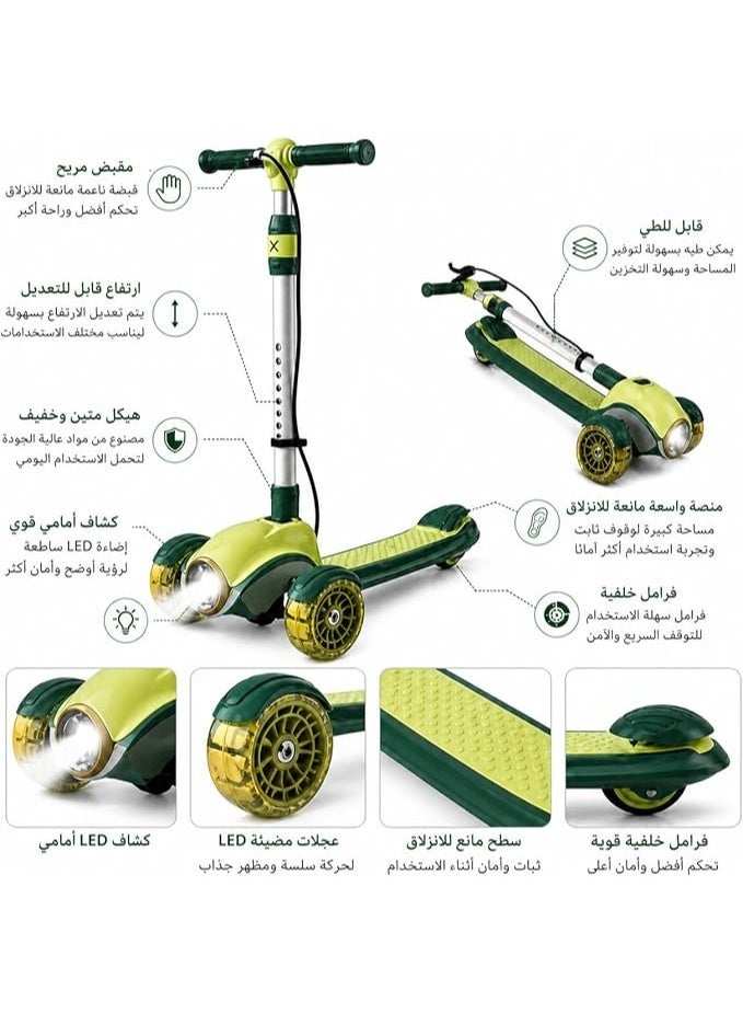اسكوتر 3 عجلات بتصميم عصري مع كشاف أمامي LED وعجلات مضيئة وثبات عالي لون اخضر - Image 3