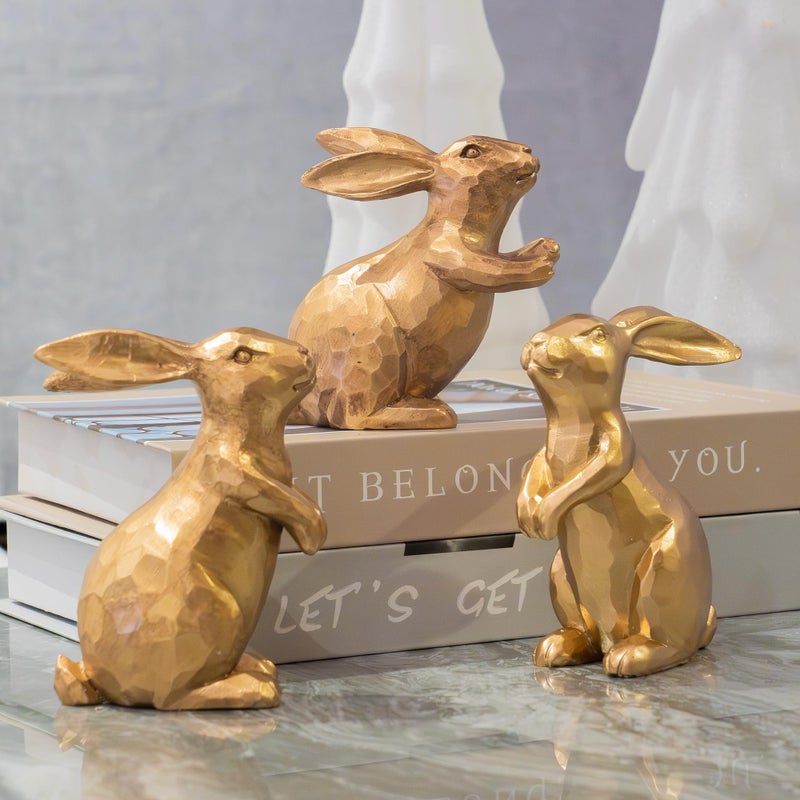 NEROSUN Resin Vintage Gold Bunny Decor Rabbit Figurines, Small Easter Bunny Figurine Set of 3, Vintage Easter Rabbit Statue Table for Home Decoration - Image 1