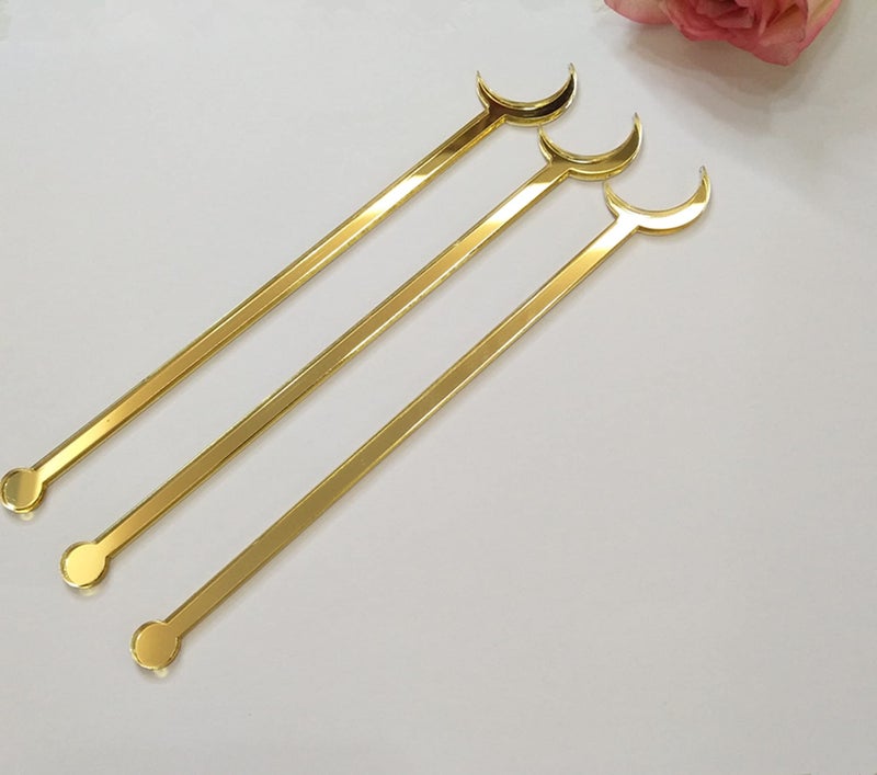 XIAOYUE XIAOYUE Pack of 20 Drink Stirrers Cocktail Drink Stir Sticks Acrylic Mirrored Moon Drink Stirrers for Wedding Party Decorations Gold Mirror 
