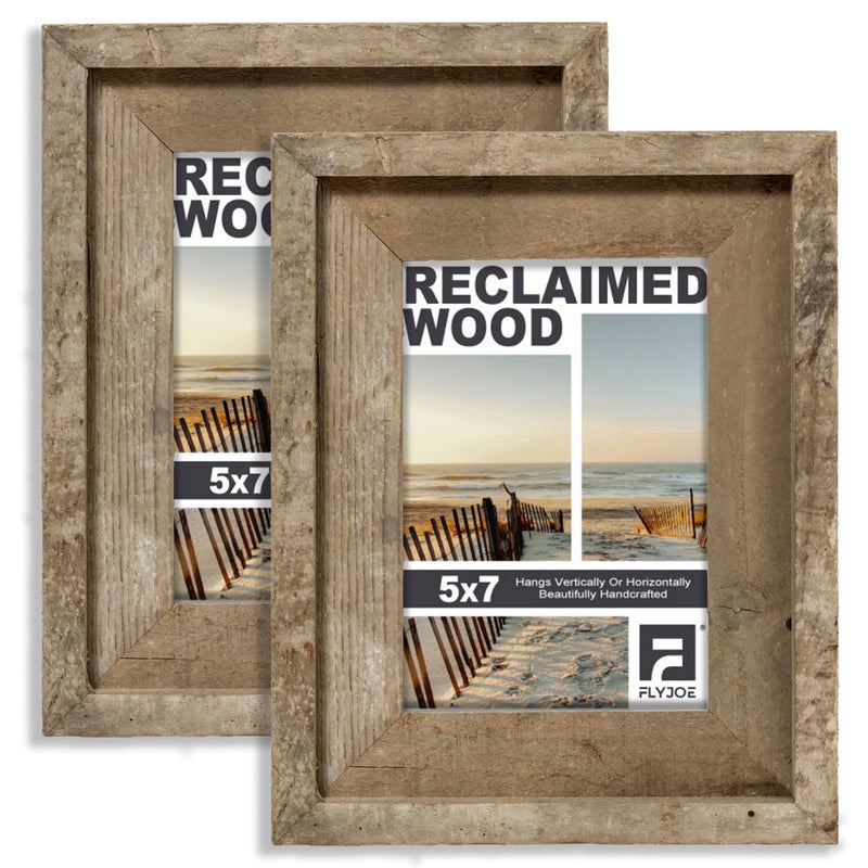 FLYJOE Rustic 5x7 Picture Frame  Set of 2  Reclaimed Barnwood Frame with Tempered Glass  Distressed Gallery Frame Set  Mounting or Table Display for Photos Posters - Image 1