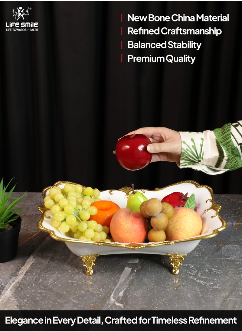Life Smile - LIFE SMILE Serving Bowl With Gold Stand  - Bone China Fruit Basket For Fruit Vegetable Storage Snack Nuts Cake Dessert - Image 1