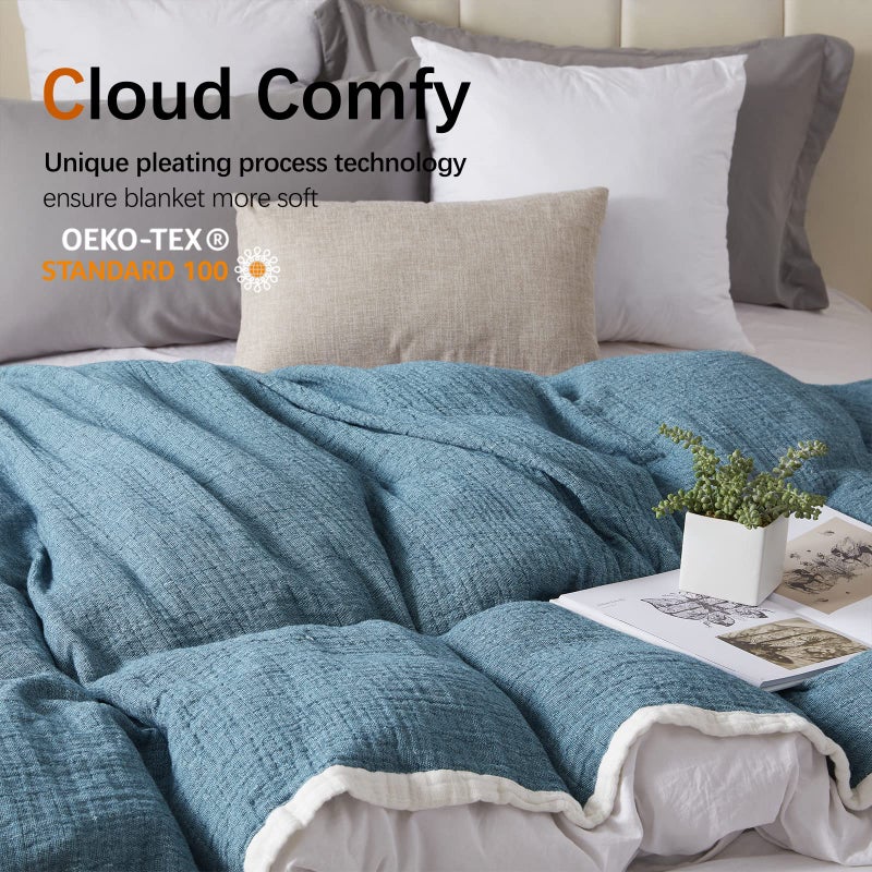 SE SOFTEXLY Cotton Muslin Throw Blanket for Adults,Breathable 4-Layer Yarn Dyed Linen Texture Gauze Blanket for Bed Sofa Couch,Super Soft Light Weight Blanket for All Seasonï¼ˆ50"x60",Vintage Blueï¼‰ - Image 4
