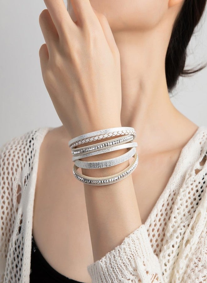 Rantanto Braid Leather Wrap Bracelet Trendy Stackable Crystal Cuff Boho Gold Heart Bracelet Jewelry Gift For Women (Boho White) - Image 2