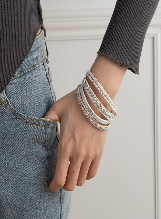 Rantanto Braid Leather Wrap Bracelet Trendy Stackable Crystal Cuff Boho Gold Heart Bracelet Jewelry Gift For Women (Boho White) - Image 4