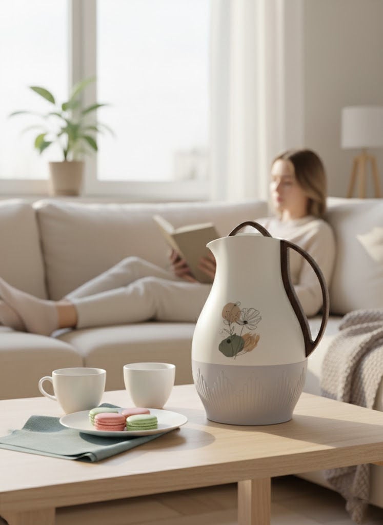 GAZELLA Plastic Tea/Coffee Flask 1 Liter Off White/Grey/Brown, Borosilicate Glass Inside - Image 1