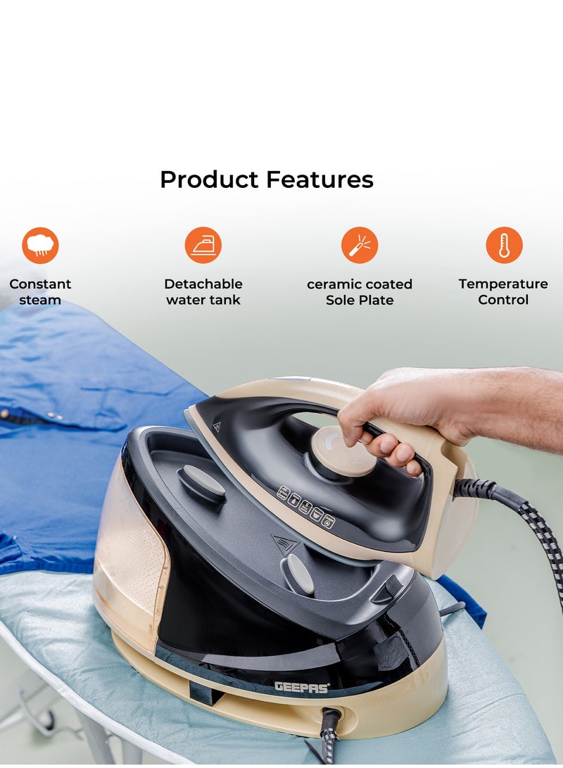 GEEPAS Steam Station/ Iron With Detachable Water Tank, Ceramic Coated Sole Plate, Temperature Control, Wrinkle Free Results, Constant Steam, Steam Boost, Cord Storage, Mechanical Temperature 1.2 L 2400 W GSI24032UK Black & Beige - Image 3