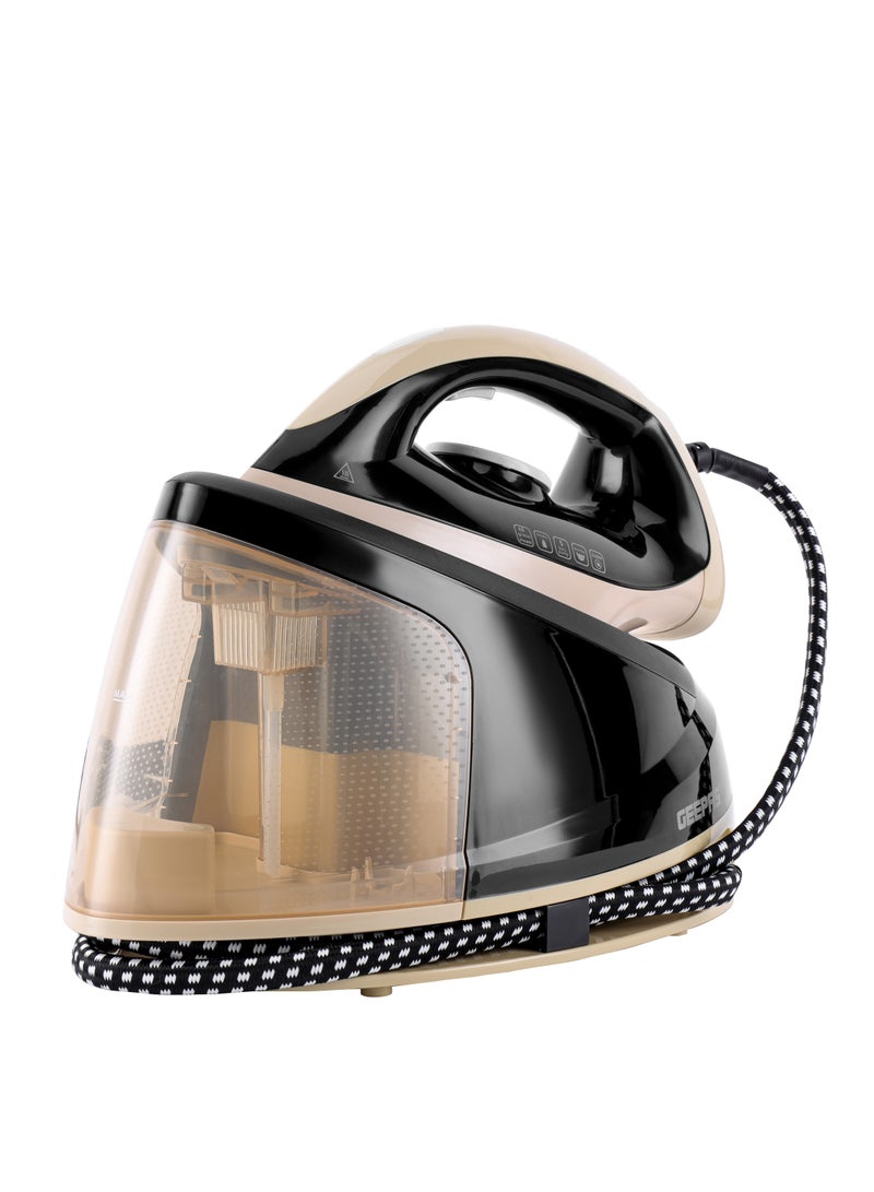 GEEPAS Steam Station/ Iron With Detachable Water Tank, Ceramic Coated Sole Plate, Temperature Control, Wrinkle Free Results, Constant Steam, Steam Boost, Cord Storage, Mechanical Temperature 1.2 L 2400 W GSI24032UK Black & Beige - Image 1
