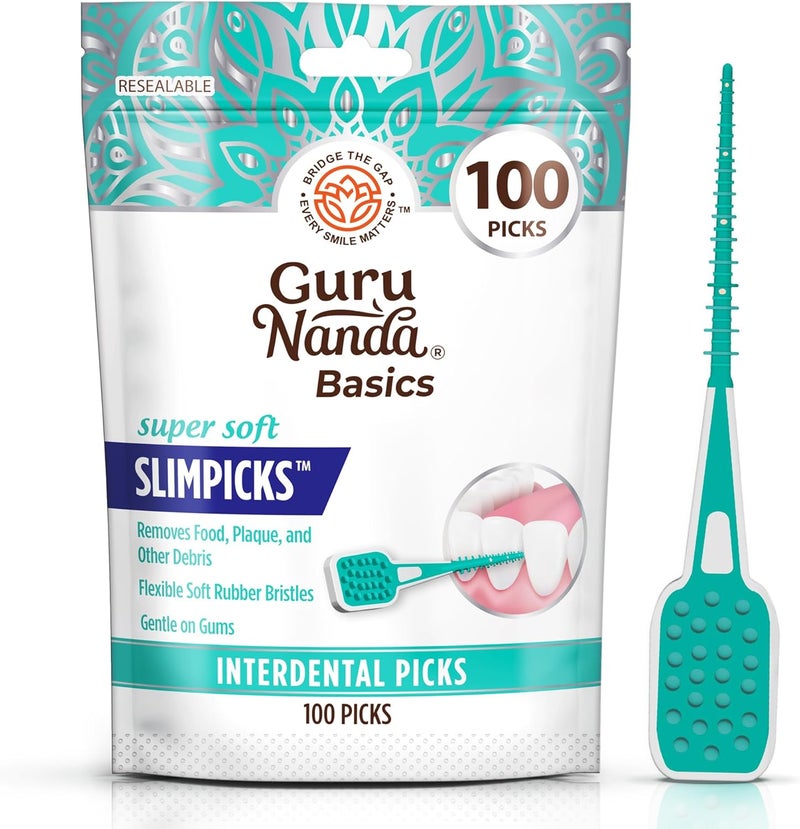 GuruNanda Super Soft Interdental Picks - 100 Count Flexible Rubber Bristles - Image 1