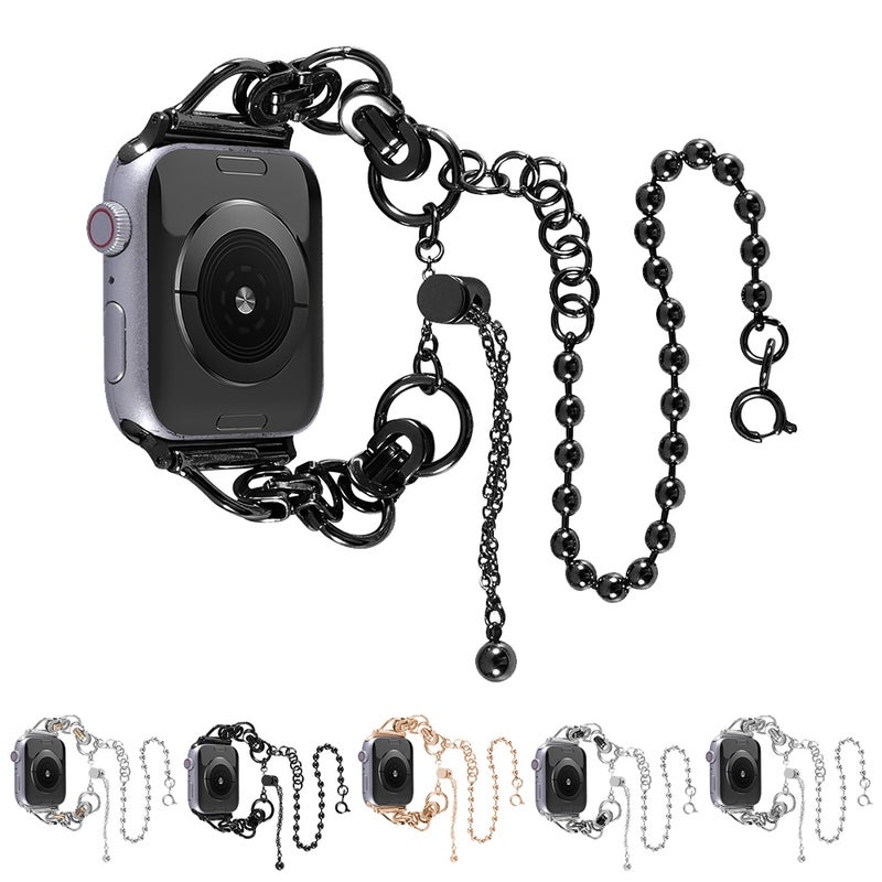 Double Chain 2-bead Stainless Steel Watch Band For Apple Watch Series 9&8&7 41mm / SE 3&SE 2&6&SE&5&4 40mm / 3&2&1 38mm(Silver and Black)