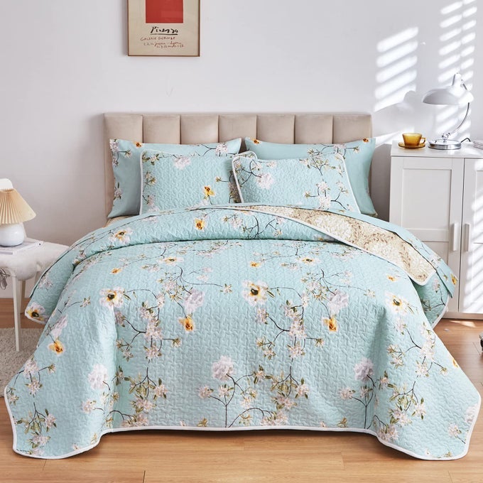 2 PIECES REVERSIBLE FLORAL QUILT SET AQUA MICROFIBER SOFT SMOOTH QUILT ELEGANT FLOWER DESIGN BEDSPREAD LIGHTWEIGHT BED COVER FOR ALL SEASON 1 QUILT N 1 PILLOW SHAM TWIN 68X86 INCHES