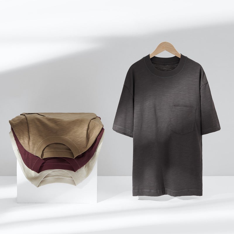 Spring and Summer Niche Design Top Line Chest Bag Wide Crewneck Short Sleeve T-shirt Womens Heavy Slub Cotton Texture Loose Half Sleeve Dark gray - Image 5