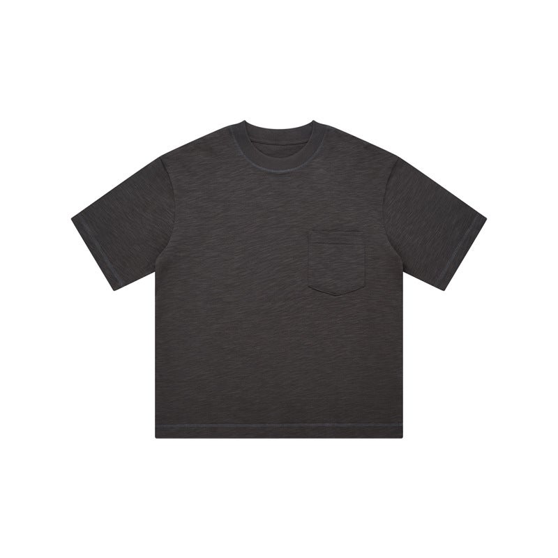 Spring and Summer Niche Design Top Line Chest Bag Wide Crewneck Short Sleeve T-shirt Womens Heavy Slub Cotton Texture Loose Half Sleeve Dark gray - Image 1