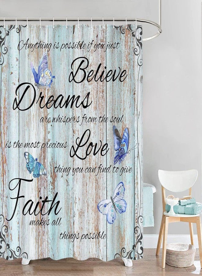 Jipusai Wood Inspirational Saying Quotes Butterfly Shower Curtain, Rustic Art Blue Wooden Bathroom Shower Curtain Sets, Fabric Decor Bath Curtain 70X70IN with 12PCS Hook - Image 3