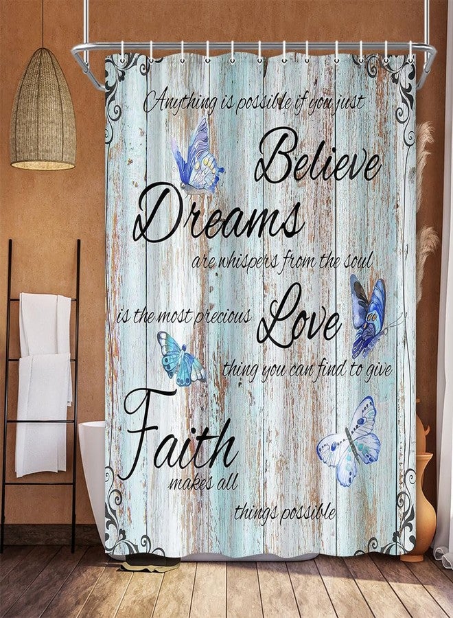 Jipusai Wood Inspirational Saying Quotes Butterfly Shower Curtain, Rustic Art Blue Wooden Bathroom Shower Curtain Sets, Fabric Decor Bath Curtain 70X70IN with 12PCS Hook - Image 1