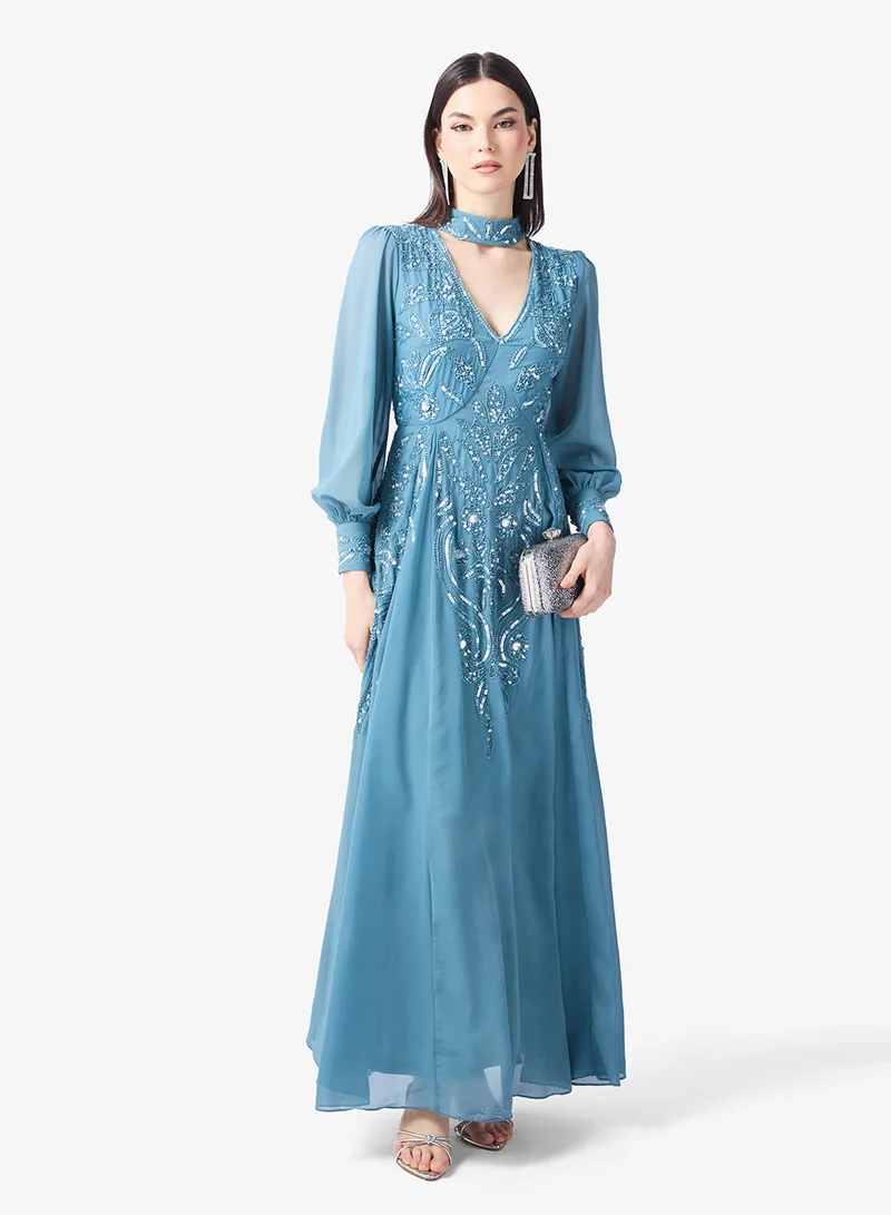Amelia Rose Embellished V Neck Mesh Sleeve Maxi Dress
