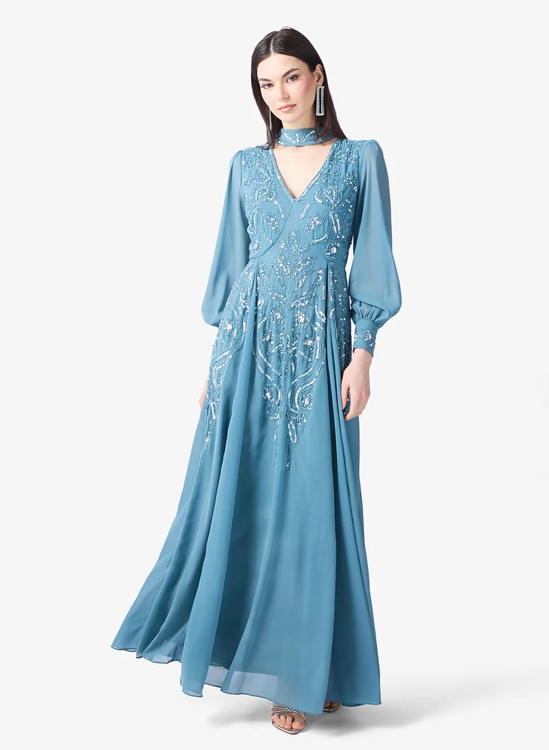 Amelia Rose Embellished V Neck Mesh Sleeve Maxi Dress