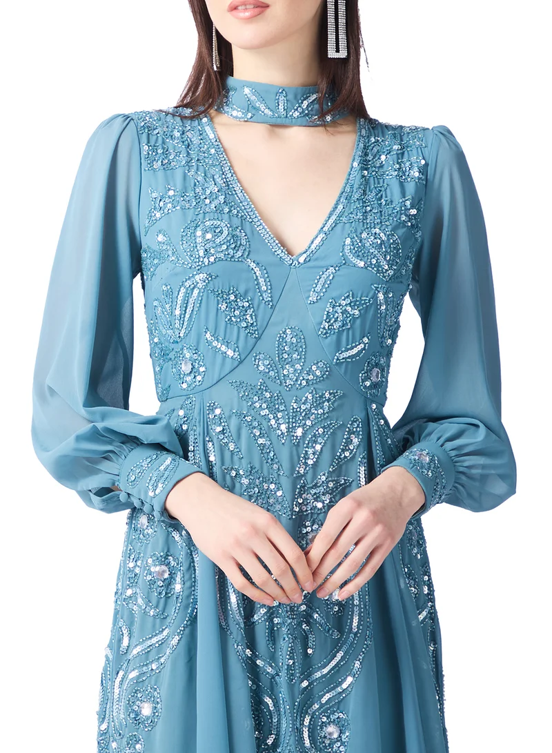 Amelia Rose Embellished V Neck Mesh Sleeve Maxi Dress