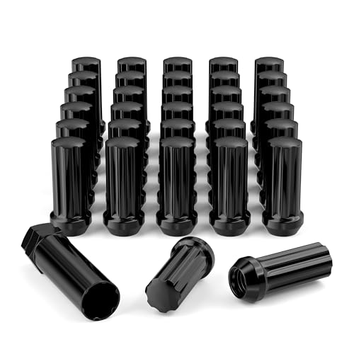 M14x15 Wheel Lug Nuts 32pcs Black 14mmx15 Spline Lug Nut 2 Inch Tall with 1 Socket Key Compatible for Silverado Suburban Express Sierra Ram 2500 3500 F250 F350 8 Lug Aftermarket Wheels