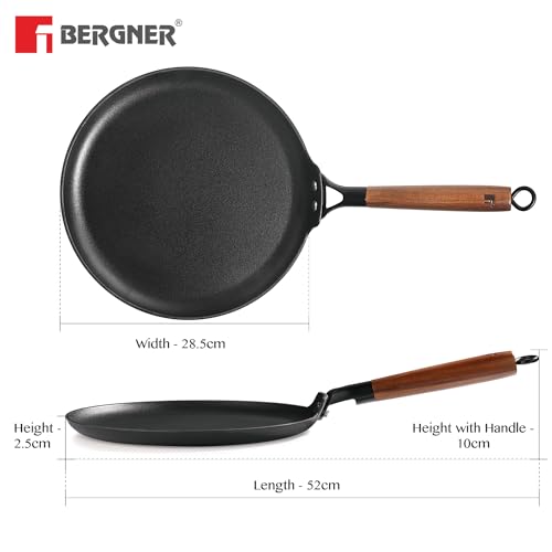 BERGNER Odin 28 cm Cast Iron Dosa Tawa with Wooden Coated Handle, Loha Dosa Tawa, Rust Proof and Lightweight Iron, Enamel Finish, Metal Spatula Safe, Induction and Gas Stove Ready - Image 5
