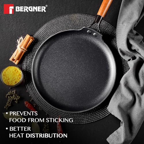 BERGNER Odin 28 cm Cast Iron Dosa Tawa with Wooden Coated Handle, Loha Dosa Tawa, Rust Proof and Lightweight Iron, Enamel Finish, Metal Spatula Safe, Induction and Gas Stove Ready - Image 3