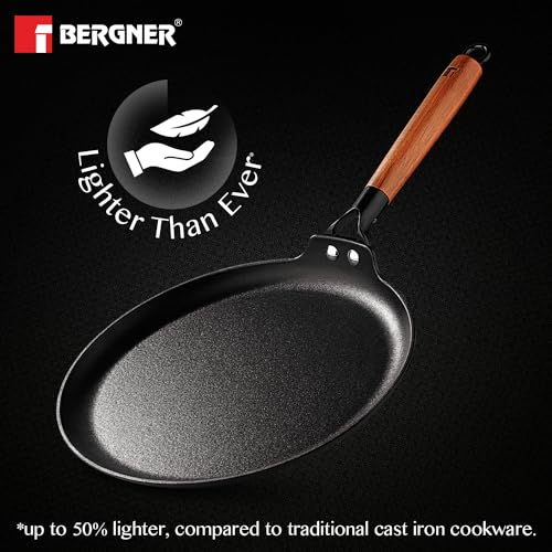 BERGNER Odin 28 cm Cast Iron Dosa Tawa with Wooden Coated Handle, Loha Dosa Tawa, Rust Proof and Lightweight Iron, Enamel Finish, Metal Spatula Safe, Induction and Gas Stove Ready - Image 2