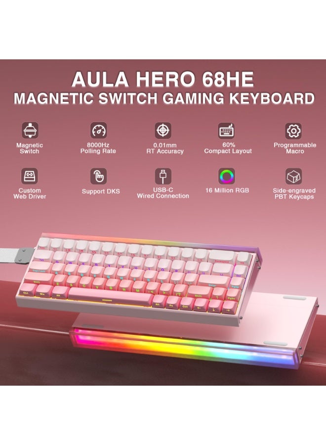 أولا لوحة مفاتيح ألعاب سلكية AULA Hero 68 HE 60%، لوحة مفاتيح مغناطيسية بتأثير هول مع تشغيل قابل للتعديل، وضع تشغيل سريع، معدل استطلاع 8 كيلو هرتز، زمن انتقال 0.125 مللي ثانية، إضاءة خلفية RGB، أغطية مفاتيح PBT مطبوعة على الجانب - Image 2