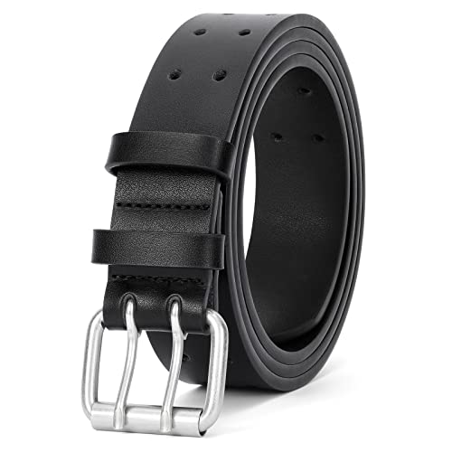 JASGOOD Men Double Prong Leather Belt Casual Work Heavy Duty Belt Double Grommet Holes Belt for Jeans (Black,Suit for Waist Size Below 38") - Image 1