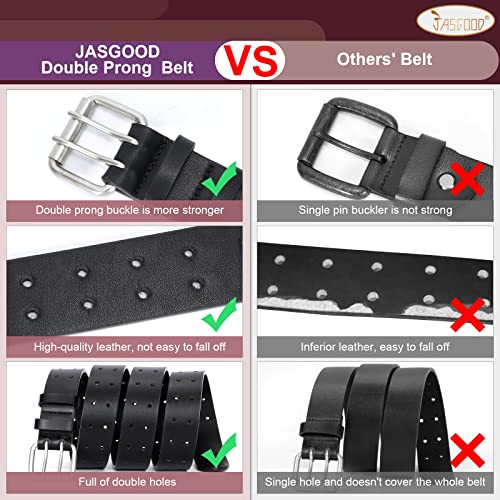 JASGOOD Men Double Prong Leather Belt Casual Work Heavy Duty Belt Double Grommet Holes Belt for Jeans (Black,Suit for Waist Size Below 38") - Image 2