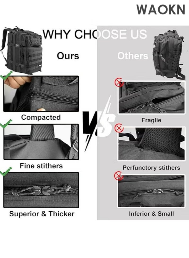 WAOKN 45L Multi-Pocket Military Tactical Backpack Cycling Travel Mountaineering Men's Outdoor Sports Bag Comfortable Breathable Backpack Waterproof Multifunctional Casual Backpack Black - Image 3