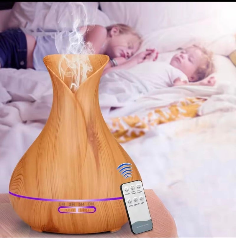 SouqKado Air Humidifier Aroma Diffuser Electric Air Freshener with Remote Control 7 Colors LED Light Timer White (Wood 3)