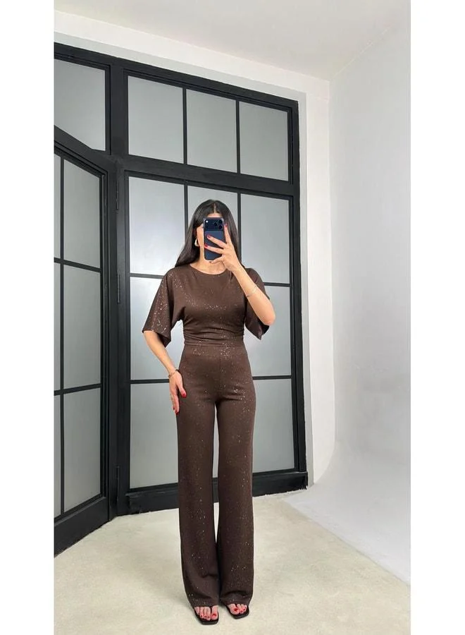 GAUS Bitter Coffee Sequin Blouse and Waist Elastic Pants Two-Piece Set GAUS-01554.