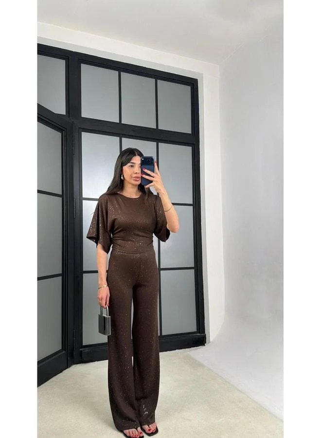 GAUS Bitter Coffee Sequin Blouse and Waist Elastic Pants Two-Piece Set GAUS-01554.