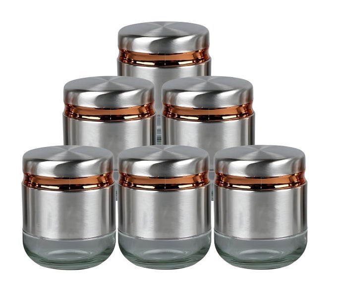 STEEL COVER WINDOW CLEAR GLASS JARS FOR KITCHEN STORAGE FOOD SPICES CANISTER WITH AIRTIGHT LID CONTAINER ORGANIZER TEA COFFEE SUGAR SILVER 350ML SET OF 6