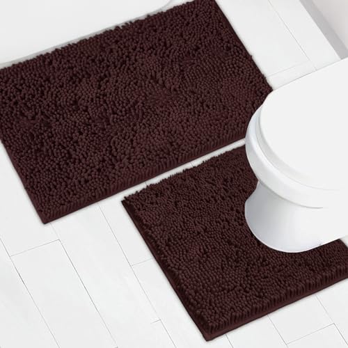 AINAHYVA Bathroom Rugs Chenille Bath mat 2 Piece Set Super Absorbent Strong PVC Non Slip Backing Bath mats for Bathroom Plush Shaggy Thick Machine Washable Bathtub Shower ToiletBrown - Image 1