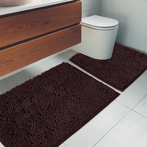 AINAHYVA Bathroom Rugs Chenille Bath mat 2 Piece Set Super Absorbent Strong PVC Non Slip Backing Bath mats for Bathroom Plush Shaggy Thick Machine Washable Bathtub Shower ToiletBrown - Image 3