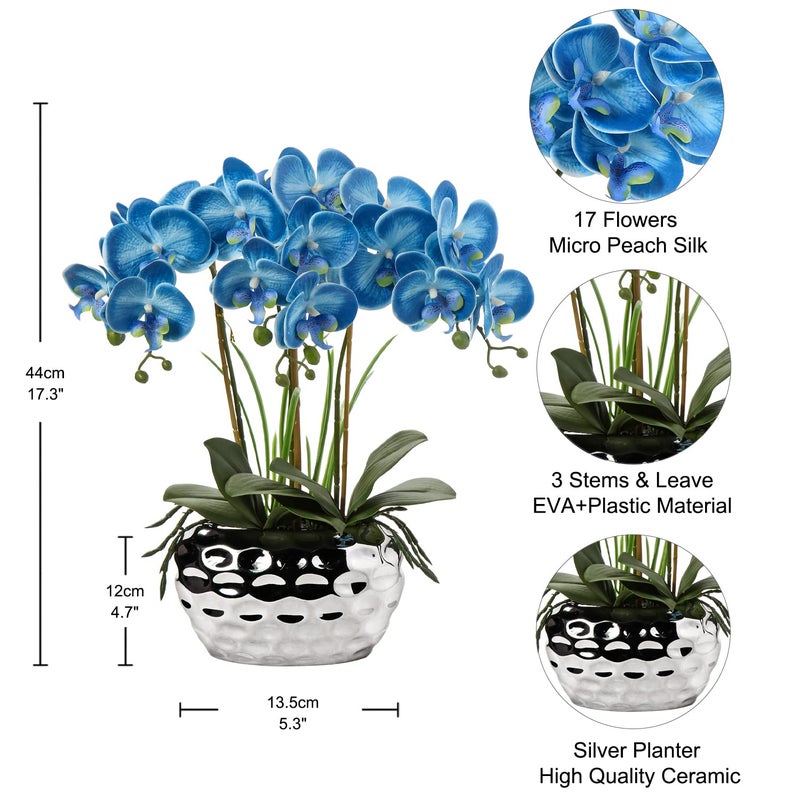 Briful Orchids Artificial Flowers 18" Blue Phalaenopsis Large Orchid with Silver Ceramic Pots Fake Orchid Flower for Home Office Bathroom Living Room Table Decoration - Image 2