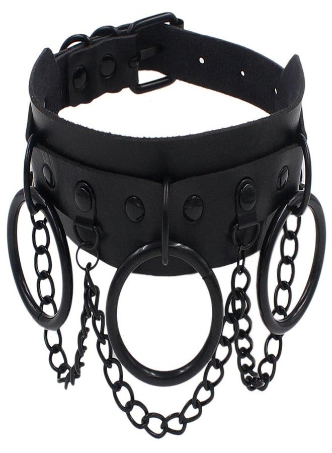 Obmyec Gothic Leather Choker Punk Choker Collar Harness Necklace Big Rings Chain Chokers Rock Nightclub Rave Party Necklace for Women (black) - Image 1
