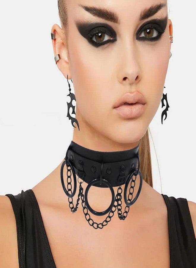 Obmyec Gothic Leather Choker Punk Choker Collar Harness Necklace Big Rings Chain Chokers Rock Nightclub Rave Party Necklace for Women (black) - Image 4