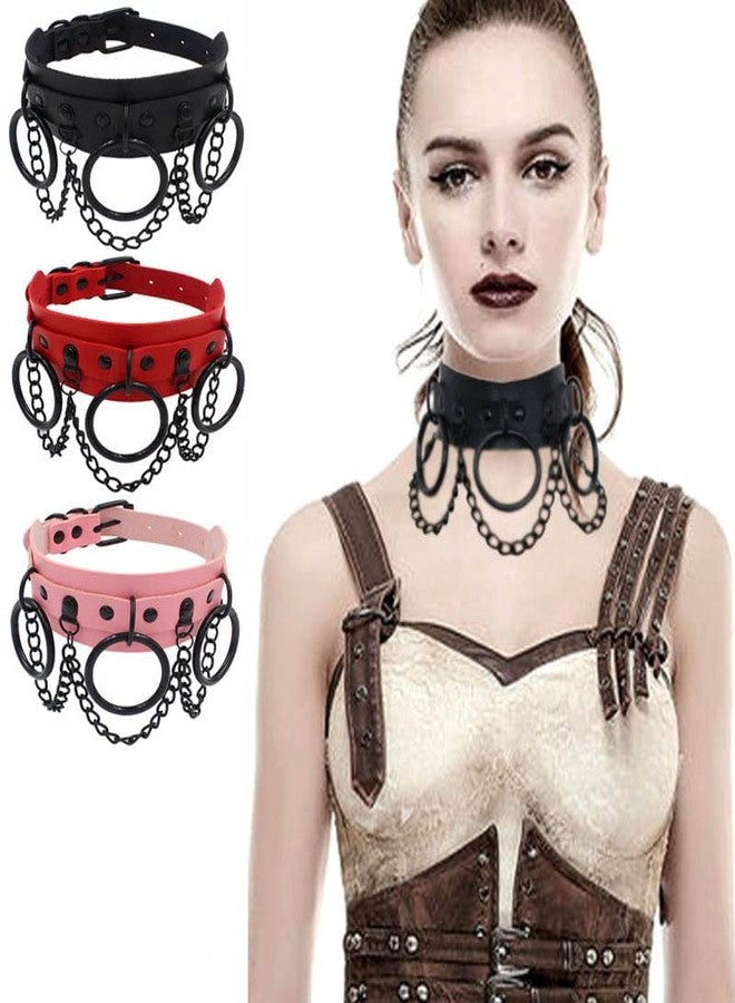 Obmyec Gothic Leather Choker Punk Choker Collar Harness Necklace Big Rings Chain Chokers Rock Nightclub Rave Party Necklace for Women (black) - Image 3