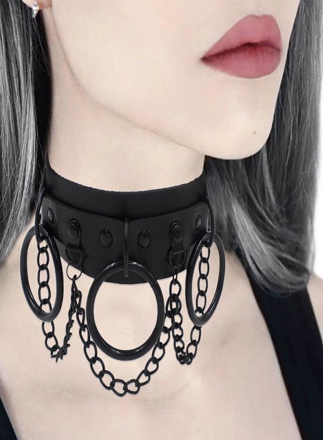 Obmyec Gothic Leather Choker Punk Choker Collar Harness Necklace Big Rings Chain Chokers Rock Nightclub Rave Party Necklace for Women (black) - Image 2